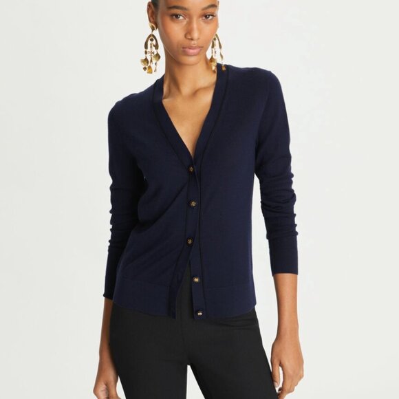 Tory Burch Womens Cardigan Sweater XS Navy Long Sleeve V Neck Wool NWT - Picture 1 of 9